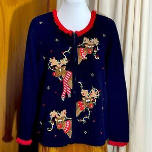 Vintage Christmas Reindeer Sweater Party Embellished Zip Front Cardigan Size S